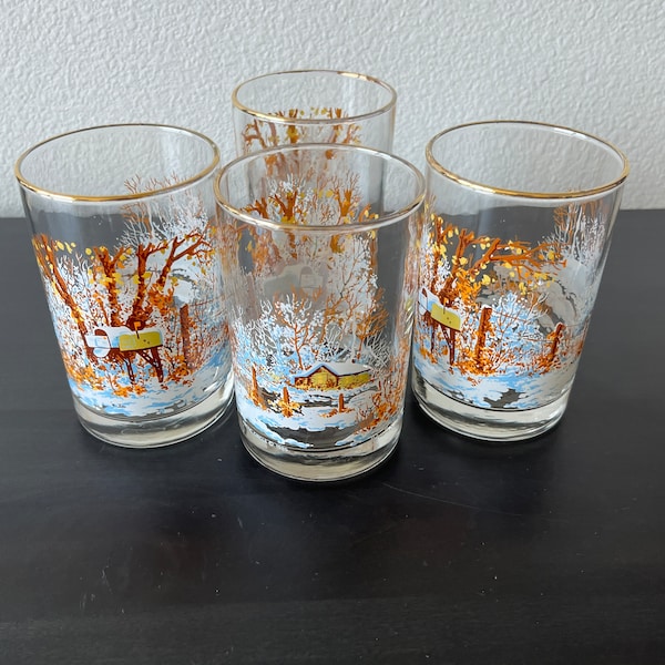 Set of 4 Arctic Circle Winter Landscape Glasses // H. Francis Sellers // Vintage 1985