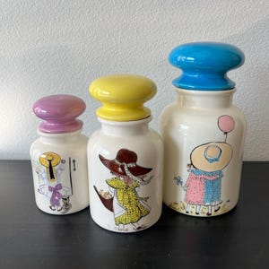 Handpainted Vintage Apothecary Jars // Set of 3 // Graduated Canisters // Girls in Hats, Flowers, Cats