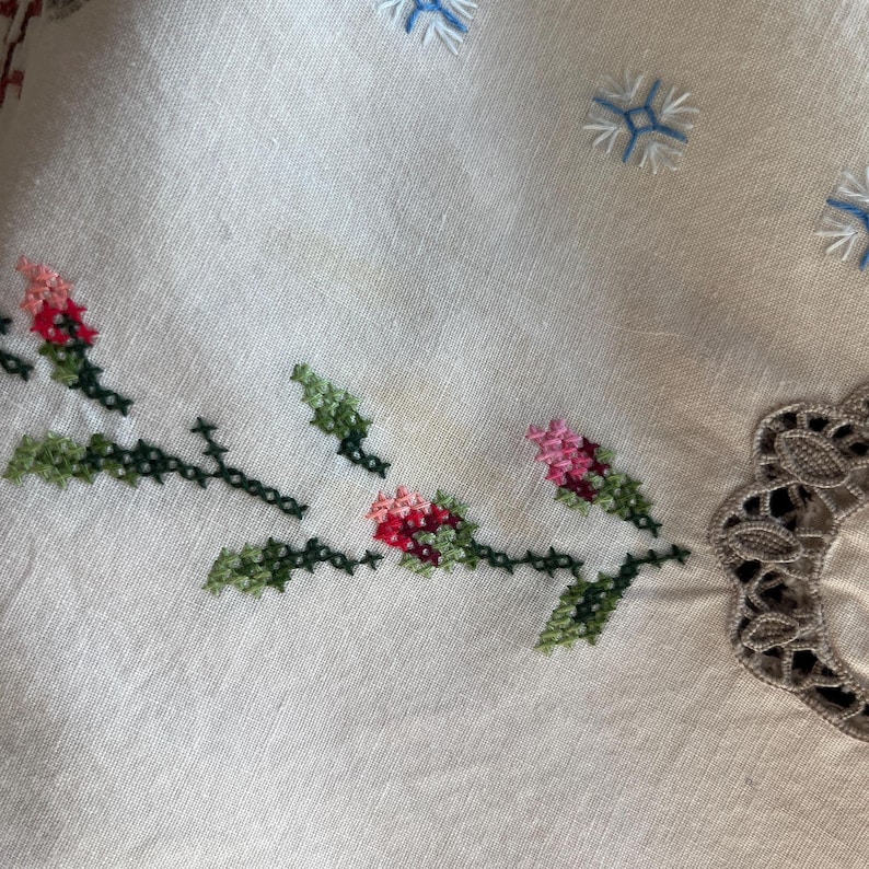 May include: Close-up of a white fabric with embroidered floral and snowflake designs. The flowers are pink and red, with green leaves and stems. The snowflakes are blue. A gray lace trim is visible.