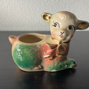 Keramische plantenbak met lamsbeeldje // Vintage jaren 1950 // Made in Japan