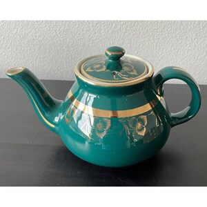 Vintage Hall Pottery theepot groen goud bloemmotief 6 kopjes gemaakt in de VS
