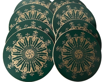 Vintage 9" Round Cork Placemats // Set of 8 // Lady Clare England // Forest Green Gold Tijou Design