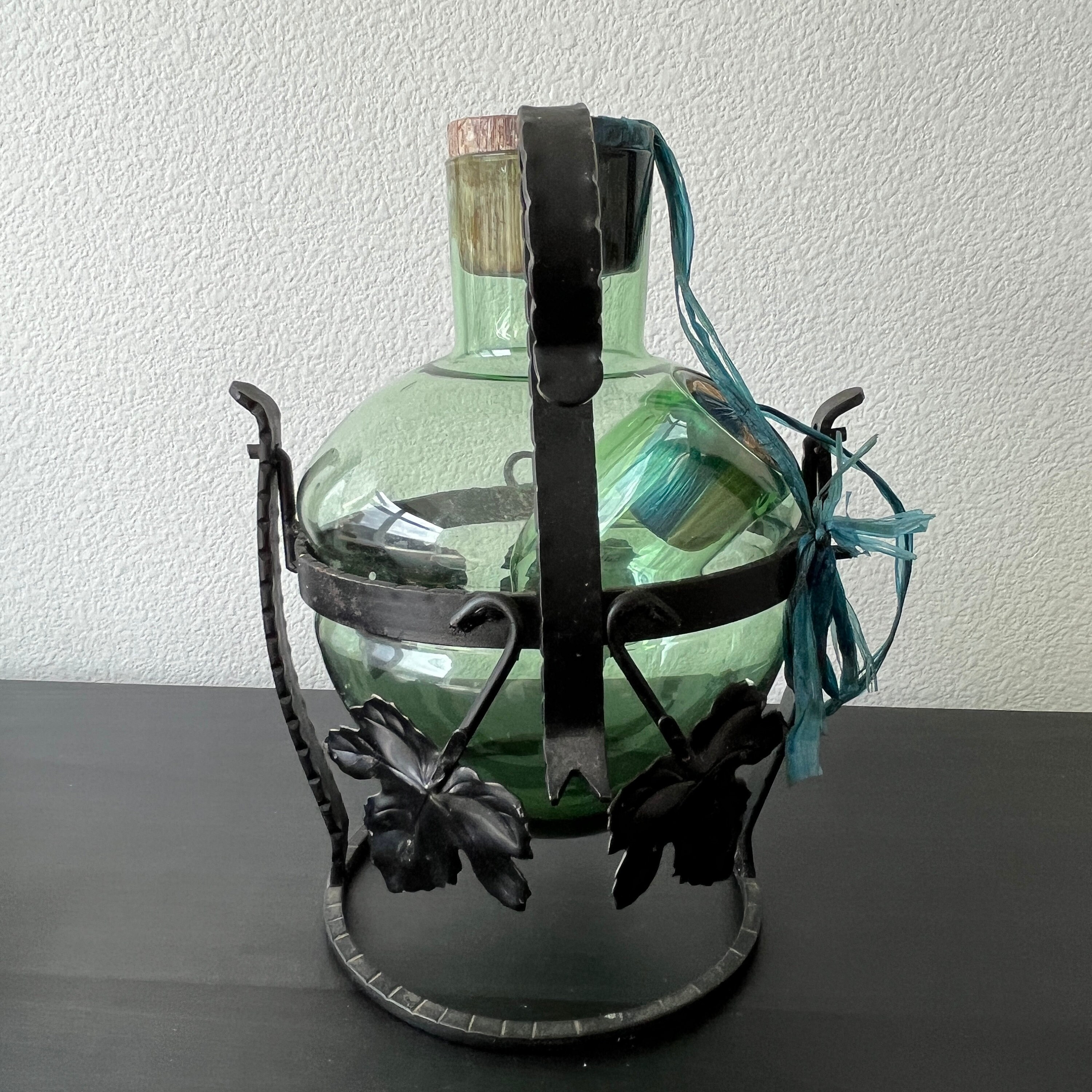 Vintage Green Glass Wine Decanterchiller // Wrought Iron Etsy