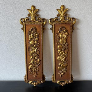 Vintage Syroco Gold Wall Plaques // Set of 2 // Flowers & Fruits Design // 20&quot; x 6&quot;