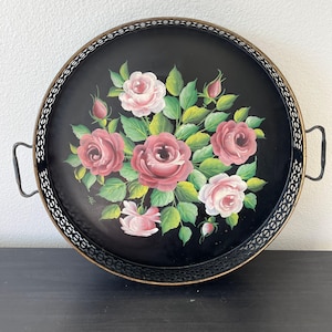 Vintage Pilgrim Art Tole Ware Metal Tray With Handles // Handpainted Roses // 15.5” Diameter