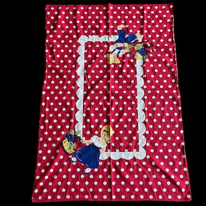 Vintage Red Polka Dot Tablecloth // Appliqued Boy & Girl Farmers // Hand Stitched // 48&quot; x 34&quot;