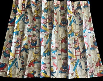 Pair of Vintage Kid's Short Curtains // Cartoon Construction Animals // Linen with Printed design // 40" x 40"