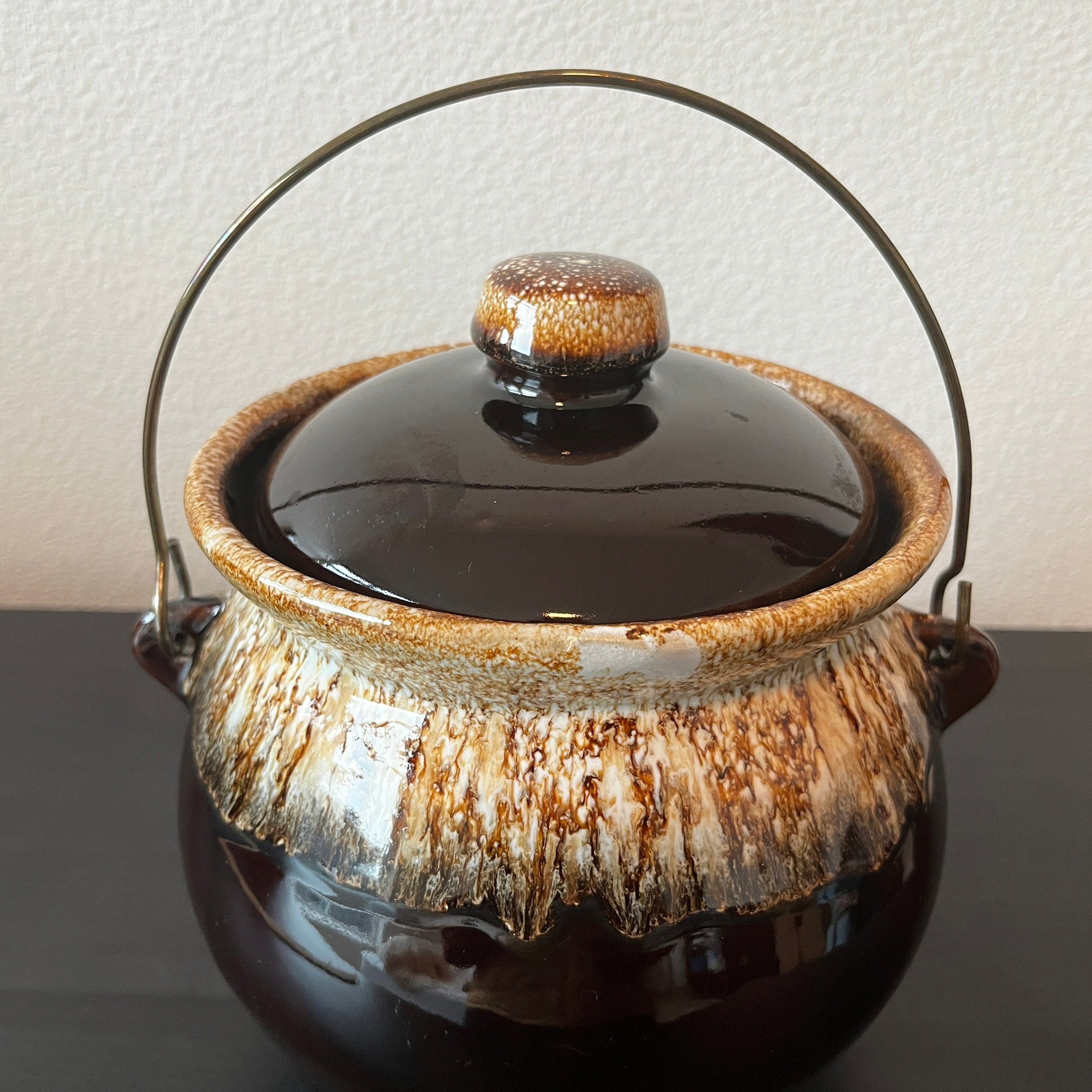 Vintage Brown Drip Glaze Bean Pot // Made in USA // Metal Etsy