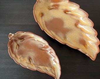 Frankoma Leaf Shaped Dishes Set of 2 // Desert Gold Glaze // 12" and 9" Long // Vintage