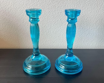 Vintage Blue Tiara Glass Candle Holders // Duchess Pattern Horizon Blue // Pair of 2 Taper Holders