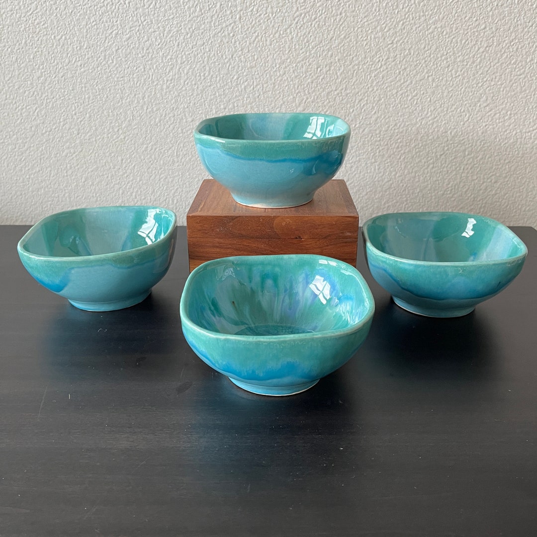 Dryden Pottery Blue Green Drip Glaze Bowls // Set of 4 // Midcentury