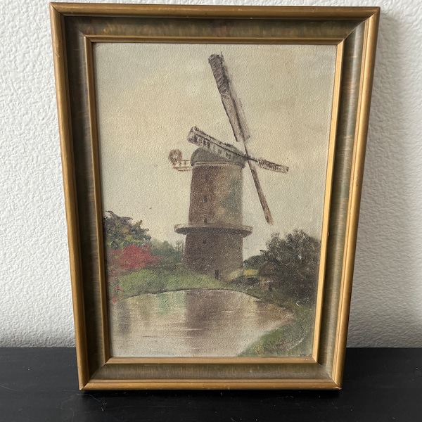 Original Antique Oil Painting Dutch Windmill // Signed & Dated 1918 // Original Wood Frame