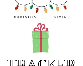 May include: A printable Christmas gift tracker with a green gift box with a red ribbon and bow, a string of colorful lights, and five gold Christmas trees. The text "Christmas Gift Giving Tracker" is at the top of the page.