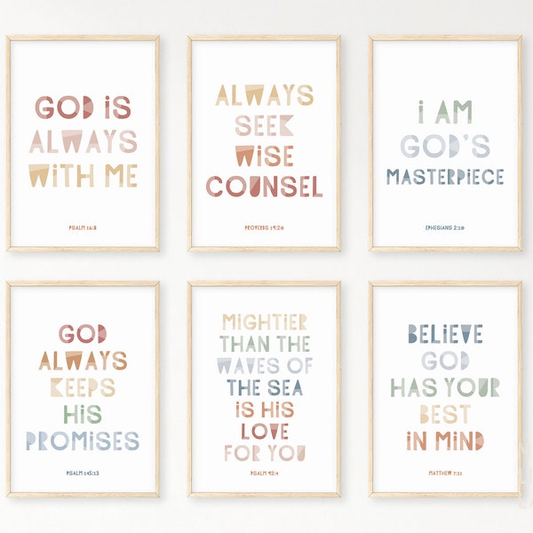 Kids Bible Verse Poster Bundle 7, Scripture Boho Wall Art, Church Sunday School, Christian Education Printable, Catechism Classroom Decor