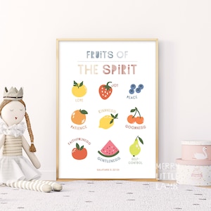 May include: A colorful printable poster with the text "Fruits of the Spirit" and illustrations of fruit representing different virtues, including love, joy, peace, patience, kindness, goodness, faithfulness, gentleness, and self-control. The poster also includes the Bible verse Galatians 5:22-23.