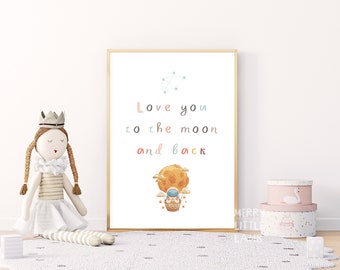 Ik hou van je tot de maan en terug afdrukbare kunst aan de muur, ruimte kwekerij print, ruimte kunst aan de muur, planeet en raket print, quote kwekerij decor