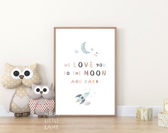 We houden van je tot de maan en terug afdrukbare muurkunst, ruimtekwekerij print, ruimtemuurkunst, planeet en raketschip print, quote kinderkamer decor