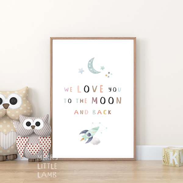 We Love You To The Moon And Back Printable Wall Art, Space Nursery Print, Space Wall Art, Planet and Rocketship Print, Quote Nursery Decor