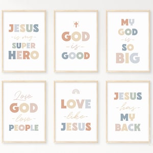 Kids Bible Verse Poster Bundle 8 Art Prints Set, Scripture Boho Wall Art, Church Sunday School, Catechism Classroom Decor