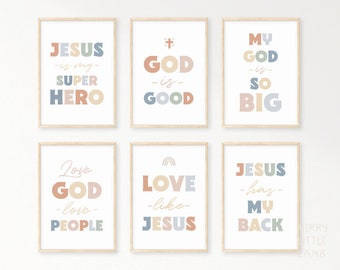 Kids Bible Verse Poster Bundle 8, Scripture Boho Wall Art, Church Sunday School, Christian Education Printable, Catechism Classroom Decor