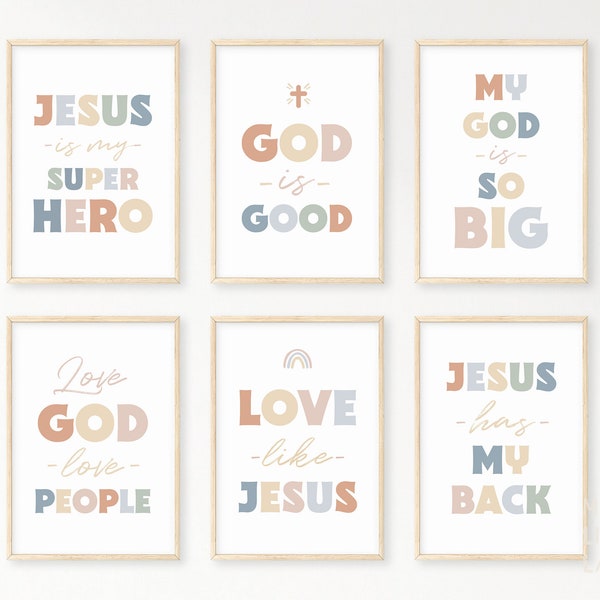 Kids Bible Verse Poster Bundle 8, Scripture Boho Wall Art, Church Sunday School, Christian Education Printable, Catechism Classroom Decor