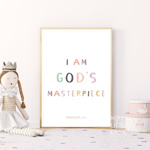 Ephesians 2:10 I Am God&#39;s Masterpiece, Children Bible Verse Nursery, Kids Nursery Scripture Wall Art, Christian Nursery Decor