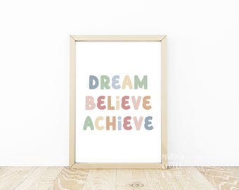 Impressions artistiques Dream Believe Achieve pour la classe, oeuvres d'art positives pour la classe, état d'esprit de croissance, affiche citation motivante, sans cadre