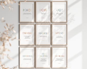 Paquete de 9 versículos bíblicos de Spirit of the Fruit, para imprimir en la habitación de los niños, decoración de pared con las Escrituras, decoración de la escuela dominical, guardería de la iglesia