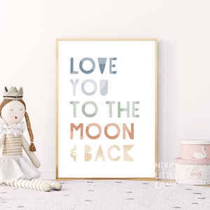 Te amo até a lua e as costas tipografia arte de parede para impressão, impressão neutra de berçário, arte de parede infantil, decoração de quarto infantil, decoração de berçário com citações