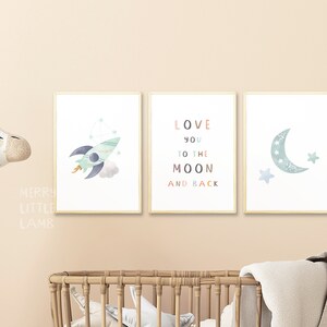 Love You To The Moon And Back Printable Wall Art Set, Space Nursery Print, Space Wall Art, Moon and Rocket Ship Print, Quote Nursery Decor