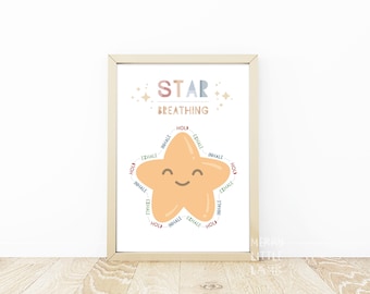 Plakat z techniką oddychania gwiazdą, uspokajający kącik w klasie, dekoracja ścienna Boho Calm Down do wydrukowania, społeczne uczucia emocjonalne do wydrukowania