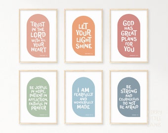 Kids Bible Verse Poster Bundle 6, Scripture Boho Wall Art, Church Sunday School, Christian Education Printable, Catechism Classroom Decor