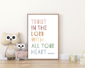 Proverbs 3:5 Trust in the Lord With All Your Heart, Children Bible Verse Nursery, Kids Nursery Scripture Wall Art, Christian Nursery Decor