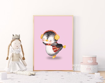 Little Penguin Skating Printable Wall Art, Nursery Print, New Born Wall Art, Kids Wall Art, Animal Nursery Decor