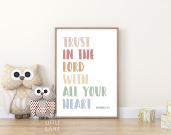 Spreuken 3:5 Vertrouw op de Heer met heel je hart 4, Kinderen Bijbelvers Kinderdagverblijf, Kinderkwekerij Schriftmuurkunst, Christelijk kinderdagverblijf Decor