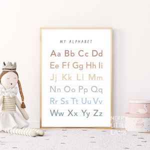 Cartel colorido del alfabeto, impresión del gráfico de escritura a mano, arte educativo de la pared imprimible, decoración de la guardería del aula del alfabeto, descarga digital