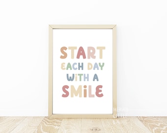 Commencez par un sourire Impressions artistiques pour la classe, oeuvres d'art positives en classe, état d'esprit de croissance, affiche de citation motivante, sans cadre