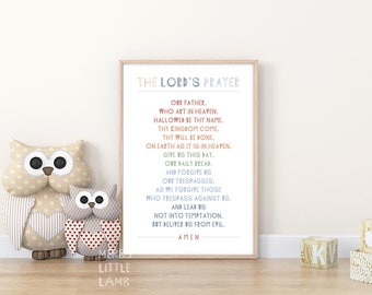 Het Onze Vader Mattheüs 6:9-13, afdrukbaar christelijk voorschools onderwijs, kinderen schriftposter, kerk zondagsschool klas decor