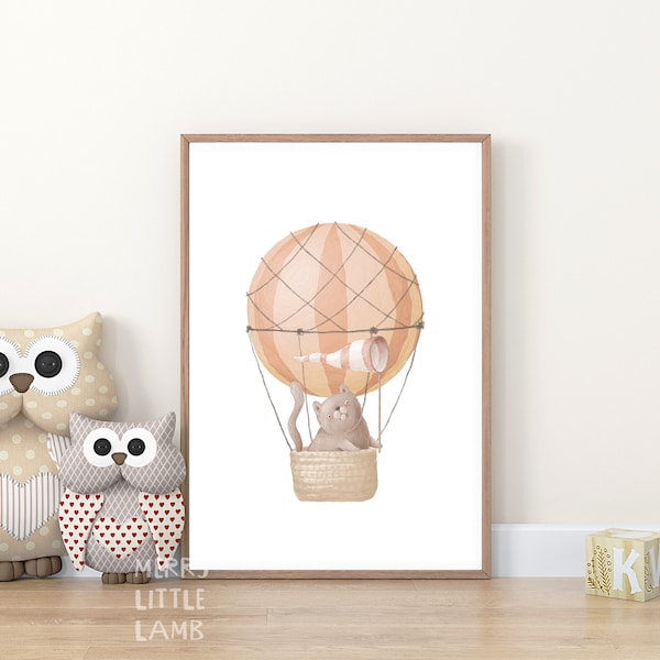 Cute Cat Traveling in Hot Air Balloon Printable Wall Art, Neutral Nursery Prints, Nursery Decor, Kids Air Transport Poster Decor