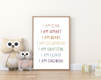Rainbow Affirmations for Kids Typography Printable Wall Art, I am Kind Smart Brave, I am Grateful Loved Enough, Inspirational Nursery Decor