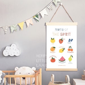 May include: A colorful printable poster with the text "Fruits of the Spirit" and illustrations of fruit representing the nine fruits of the spirit: love, joy, peace, patience, kindness, goodness, faithfulness, gentleness, and self-control.