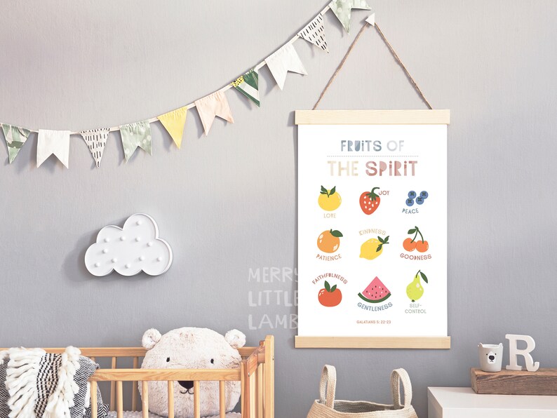 May include: A colorful printable poster with the text "Fruits of the Spirit" and illustrations of fruit representing the nine fruits of the spirit: love, joy, peace, patience, kindness, goodness, faithfulness, gentleness, and self-control.