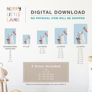 May include: Digital download of a printable illustration of a white llama wearing a blue shirt and holding a camera. The llama is standing on a light blue background. The image is available in five sizes: 11x14 inches, 16x20 inches, 18x24 inches, 20x30 inches, and 24x36 inches.