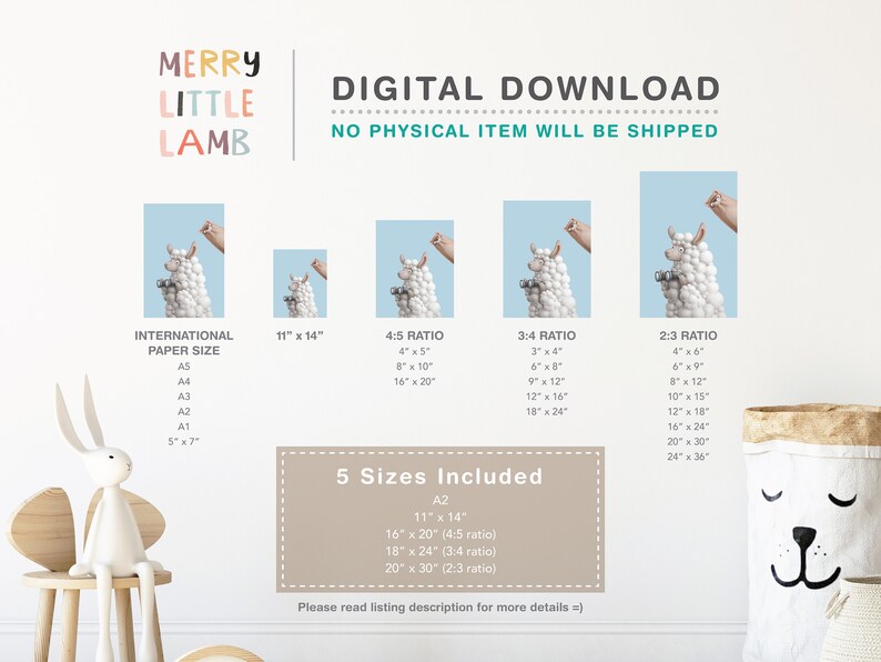 May include: Digital download of a printable illustration of a white llama wearing a blue shirt and holding a camera. The llama is standing on a light blue background. The image is available in five sizes: 11x14 inches, 16x20 inches, 18x24 inches, 20x30 inches, and 24x36 inches.
