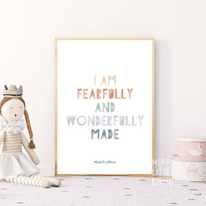 Psalm 139:14 I Am Fearfully and Wonderfully Made, Bible Verse Nursery for Children, Kids Nursery Scripture Wall Art, Christian Nursery Decor