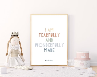 Psalm 139:14 I Am Fearfully and Wonderfully Made, Bible Verse Nursery for Children, Kids Nursery Scripture Wall Art, Christian Nursery Decor
