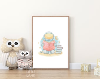 Kleiner Astronaut liest ein Buch druckbare Wandkunst, Weltraum-Kinderzimmer-Druck, Weltraum-Wandkunst, Astronaut-Weltraum-Druck, Weltraum-Kinderzimmer-Dekor