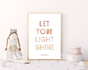 Matthew 5:16 Let Your Light Shine, Children Bible Verse Nursery, Kids Nursery Scripture Wall Art, Christian Nursery Decor