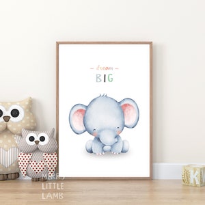 Cute Baby Animal, Dream Big Elephant Calf, Printable Wall Art, Neutral Nursery Prints, Nursery Decor, Cute Animal, Baby Animal Poster