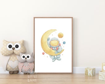 Little Astronaut Hanging onto the Moon Printable Wall Art, Space Nursery Print, Space Wall Art, Astronaut & Moon Print, Space Nursery Decor
